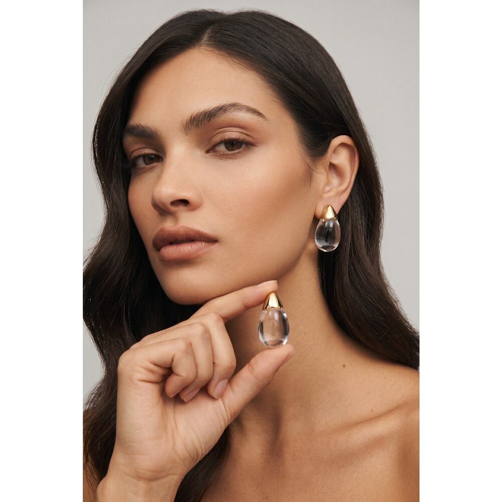 Lucite Earrings Clear Water Drop Gold Stud Boho Statement Retro VTG Tear Drop